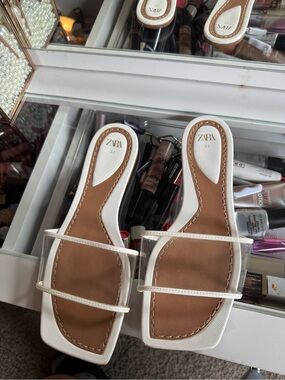 ZARA White and Tan Clear-strap Slide Sandals